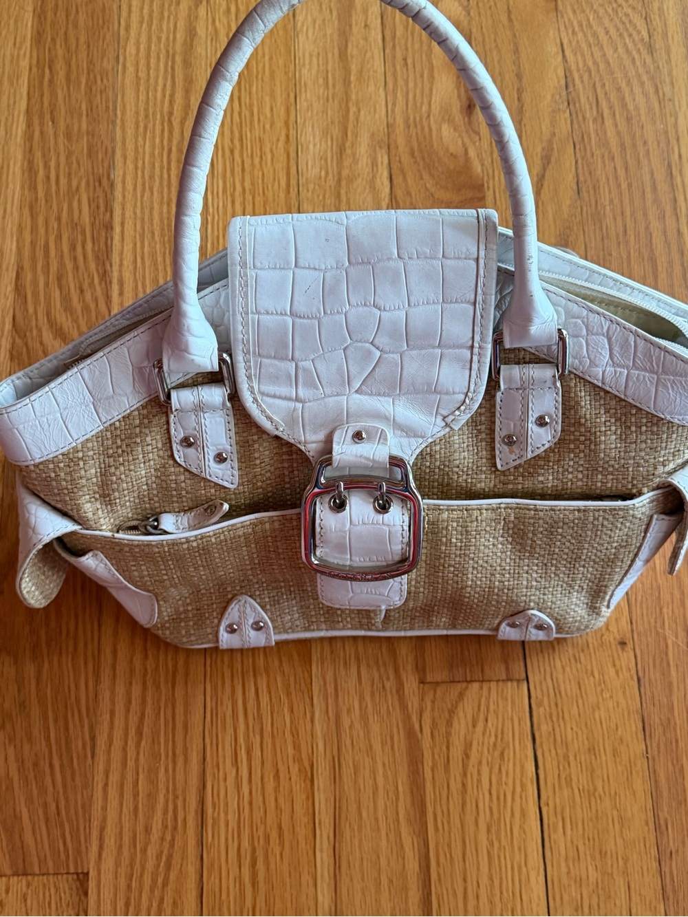 Cole Haan White Croc-Embossed Trim Straw Tote with Silver Buckle - Picture 2 of 13